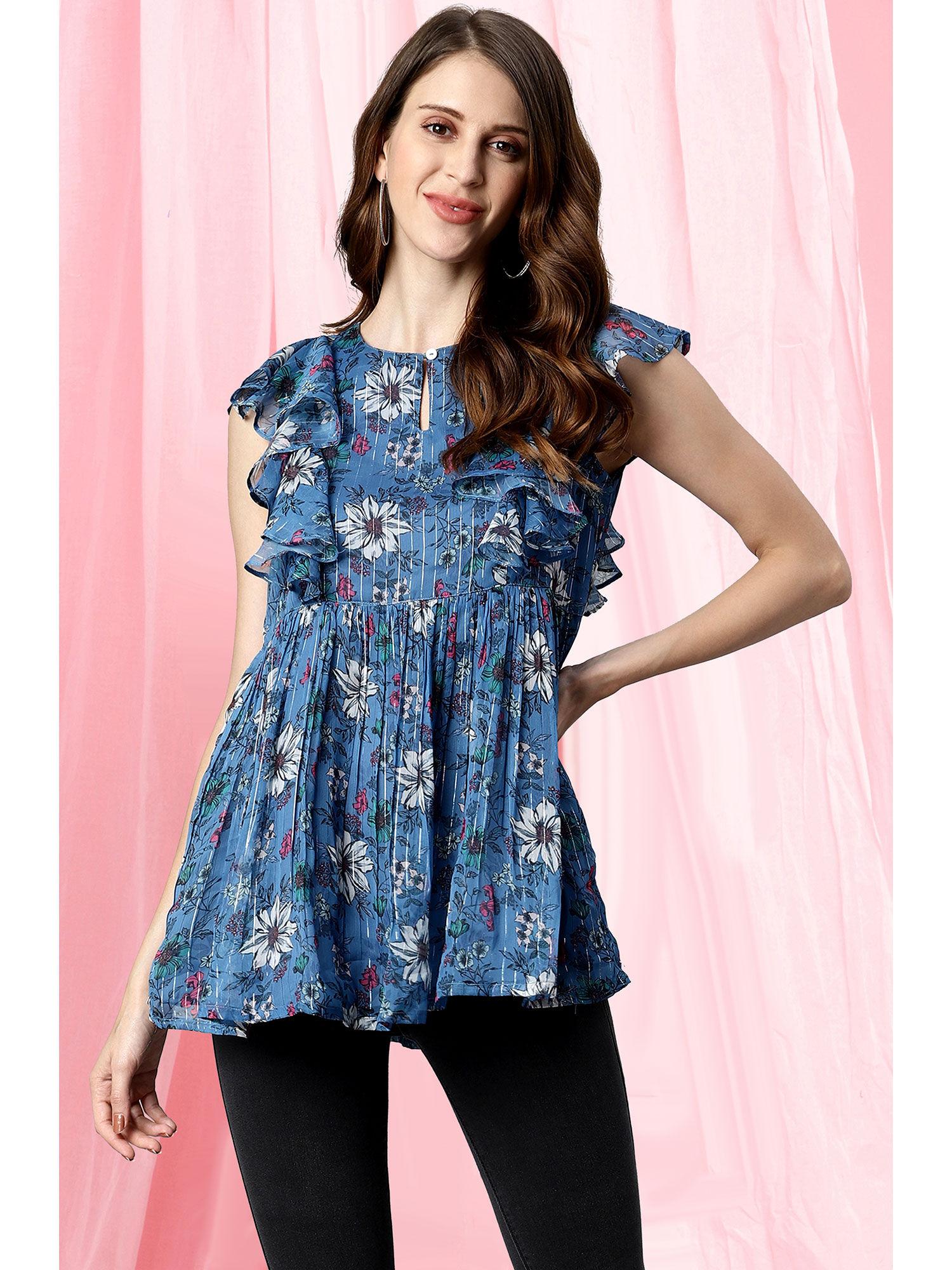 blue poly georgette floral print gathered top