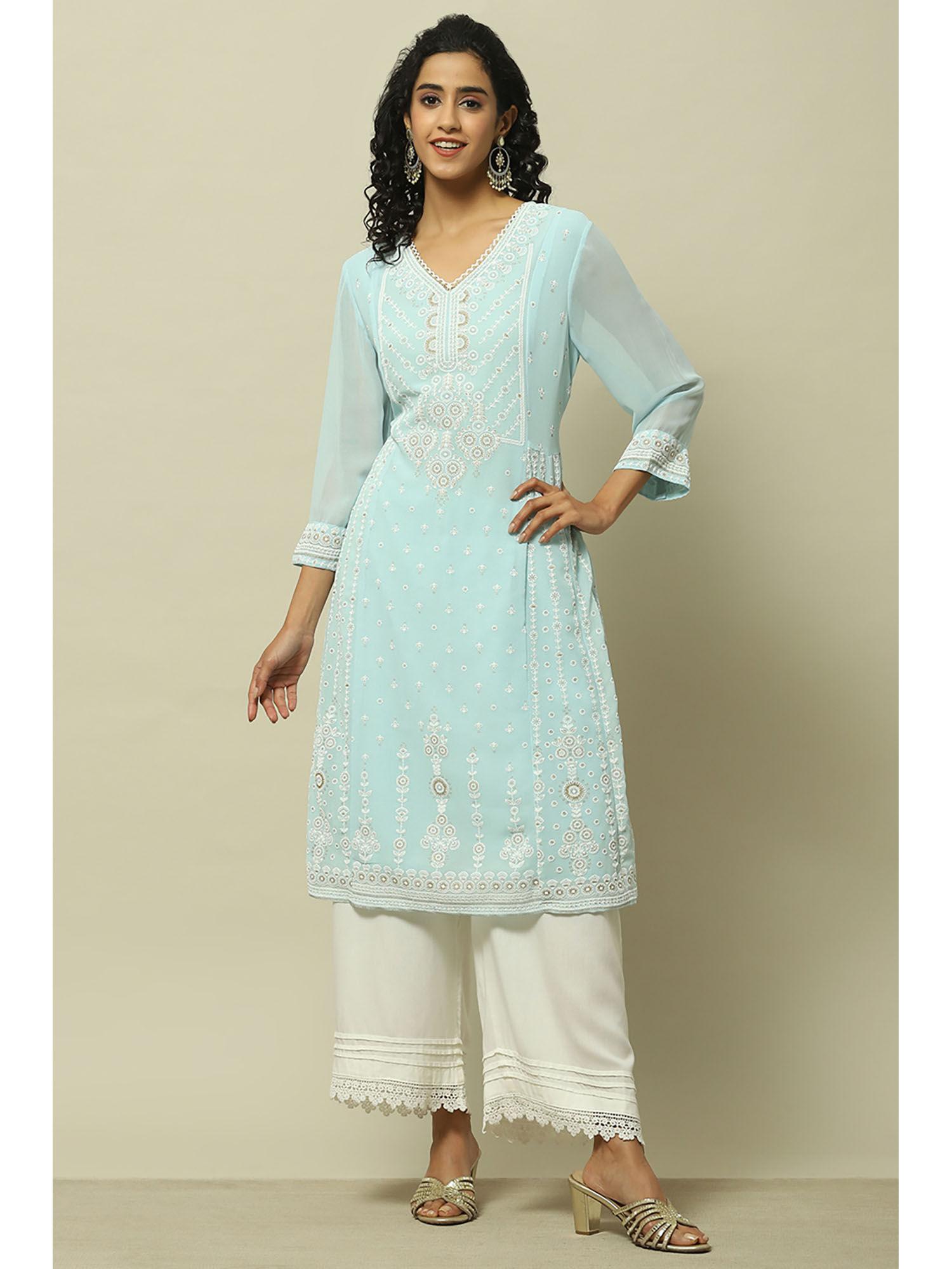 blue poly georgette printed straight kurta