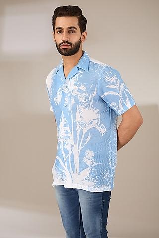 blue poly satin digital printed pleated shirt