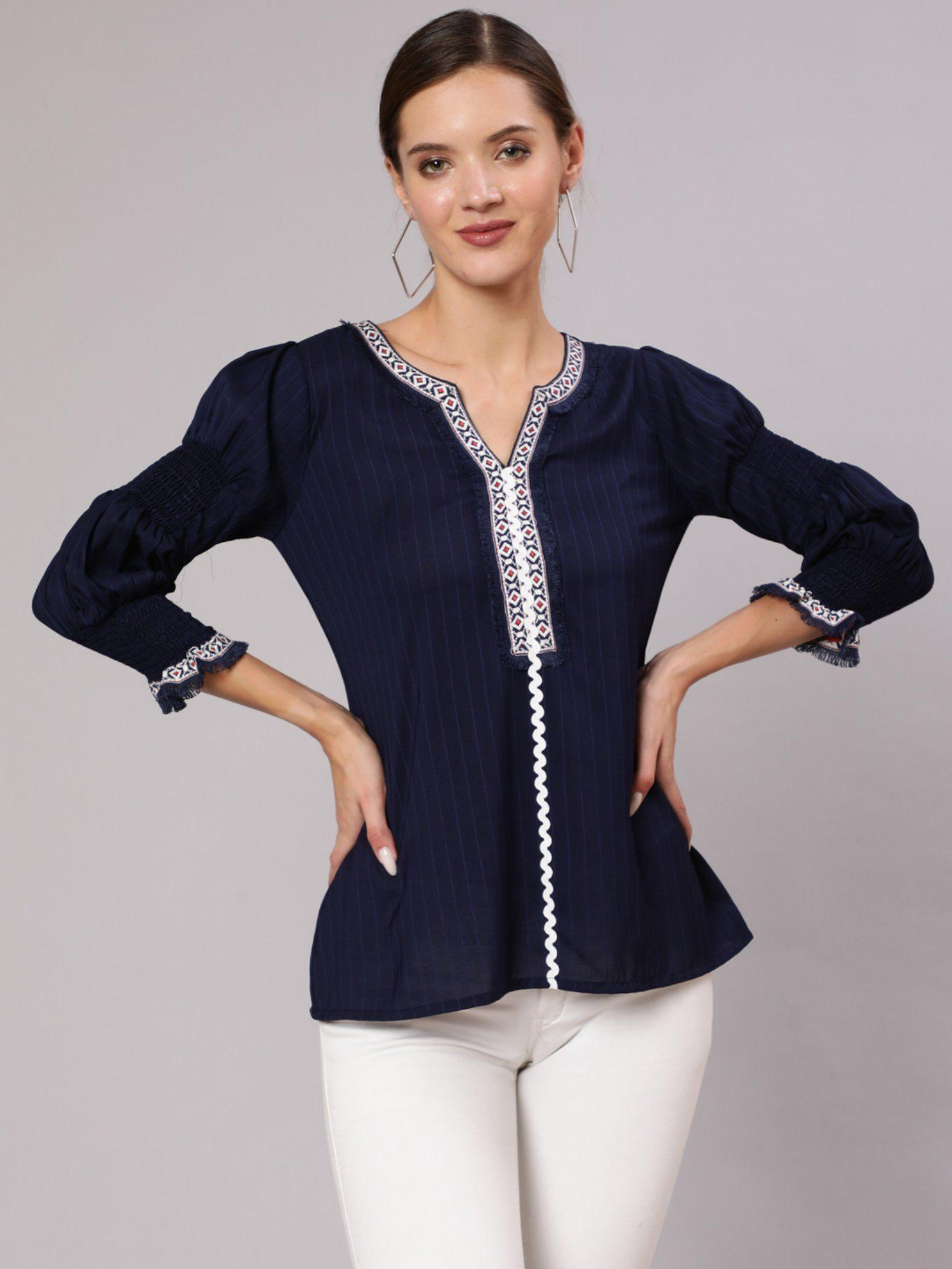 blue poly silk lace embellished top with smocked sleeves