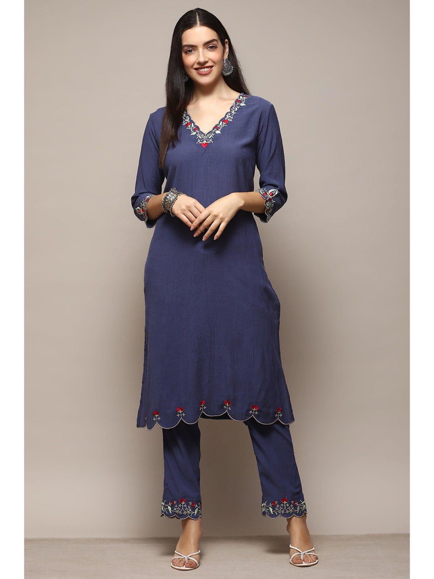 blue poly viscose straight kurta with pant (set of 2)