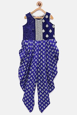 blue polyester embroidered jumpsuit for girls