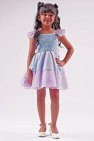 blue polyester sequins pleated dress for girls