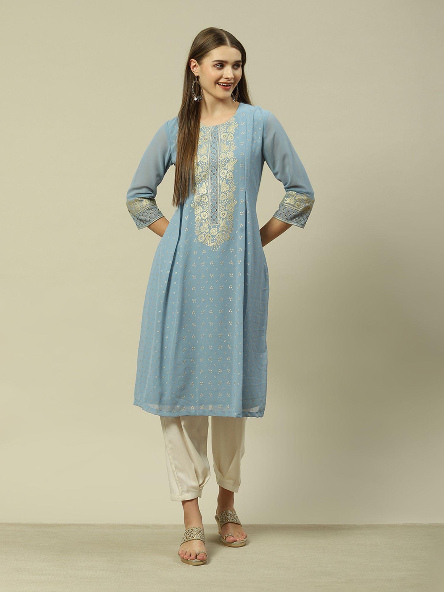 blue polyester straight printed kurta