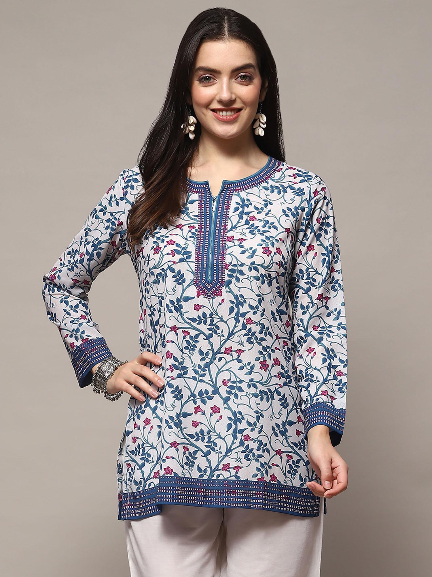 blue polyester straight printed kurtis