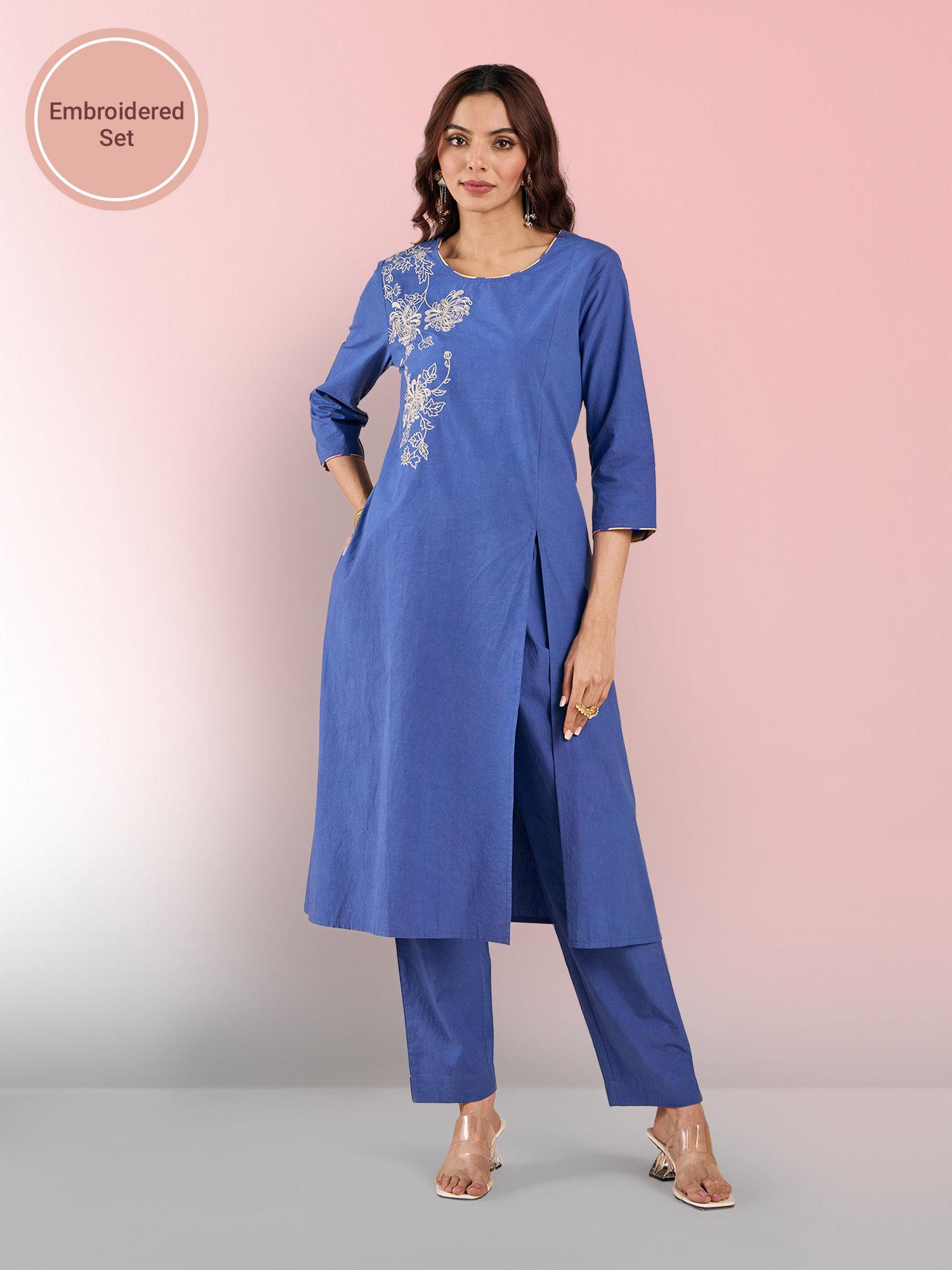 blue poplin placement embroidered straight kurta with front slit with solid pant likcfcs08