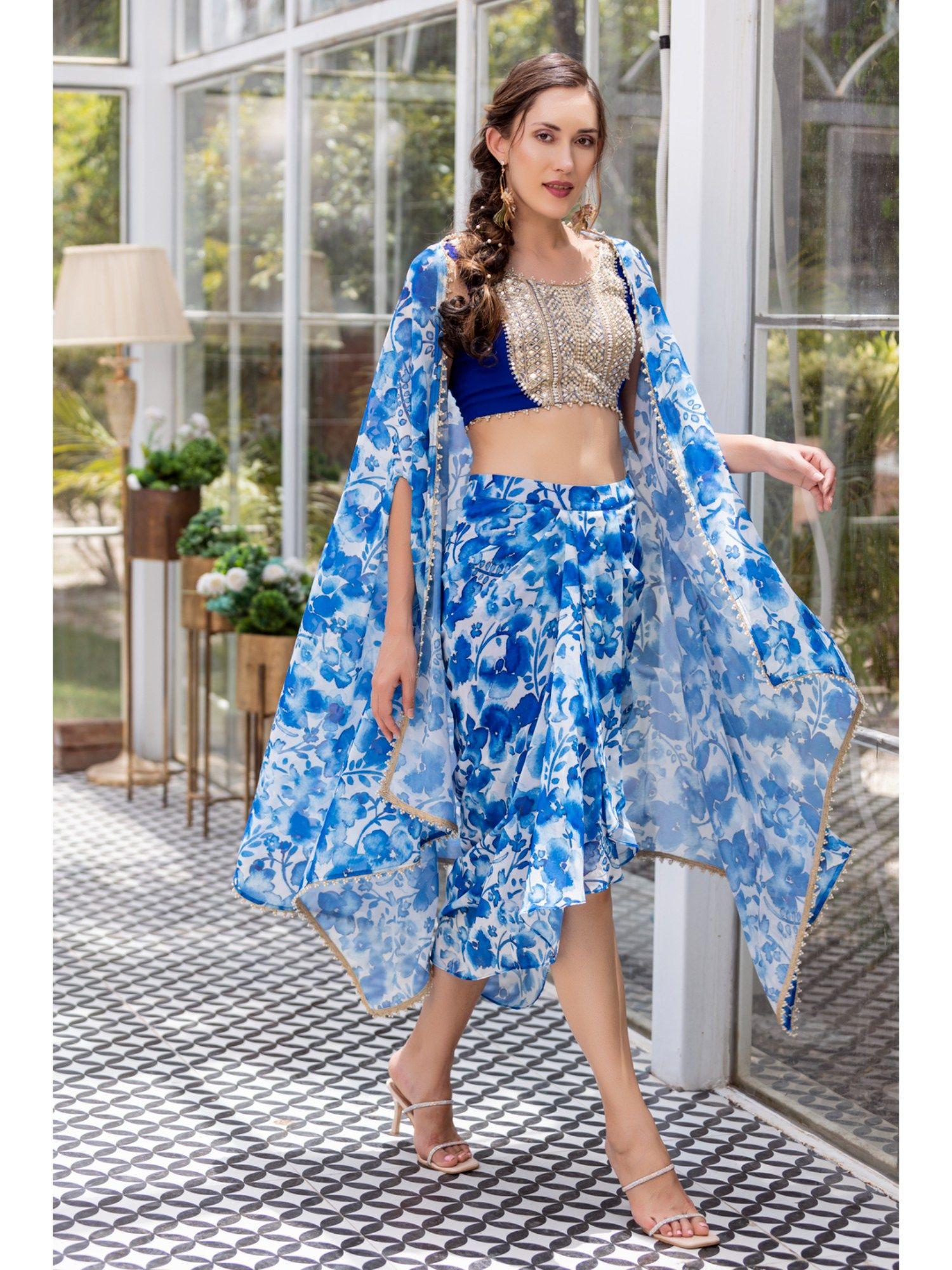 blue poppy blouse with dhoti skirt and cape (set of 3)