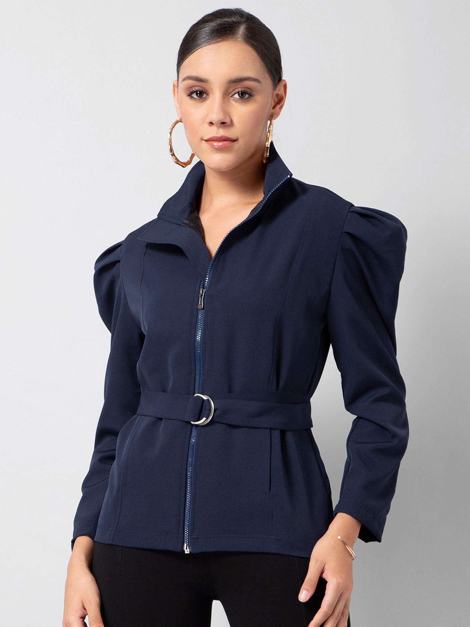 blue power shoulder belted zipper jacket with belt