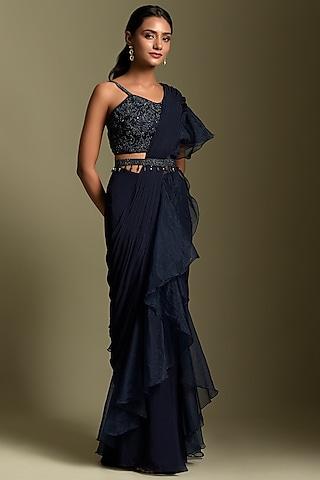 blue pre-draped ruffled saree set