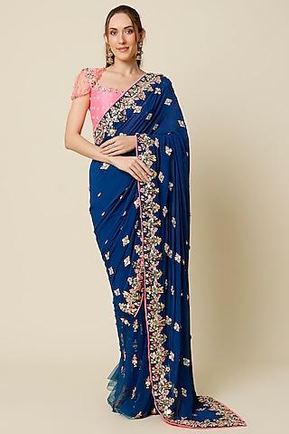blue pre-stitched saree with embellishments