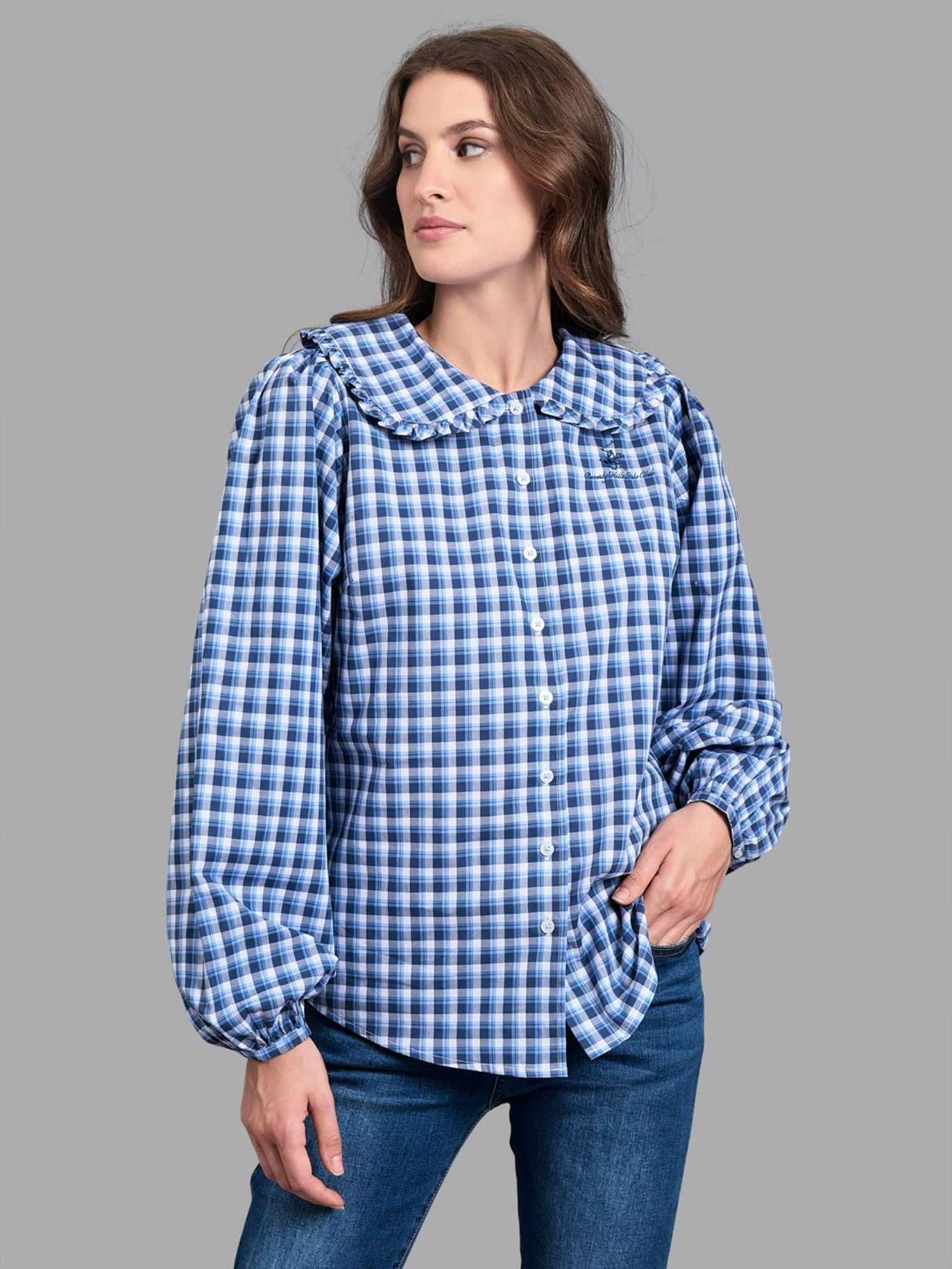 blue pretty plaid ruffle neck blouse