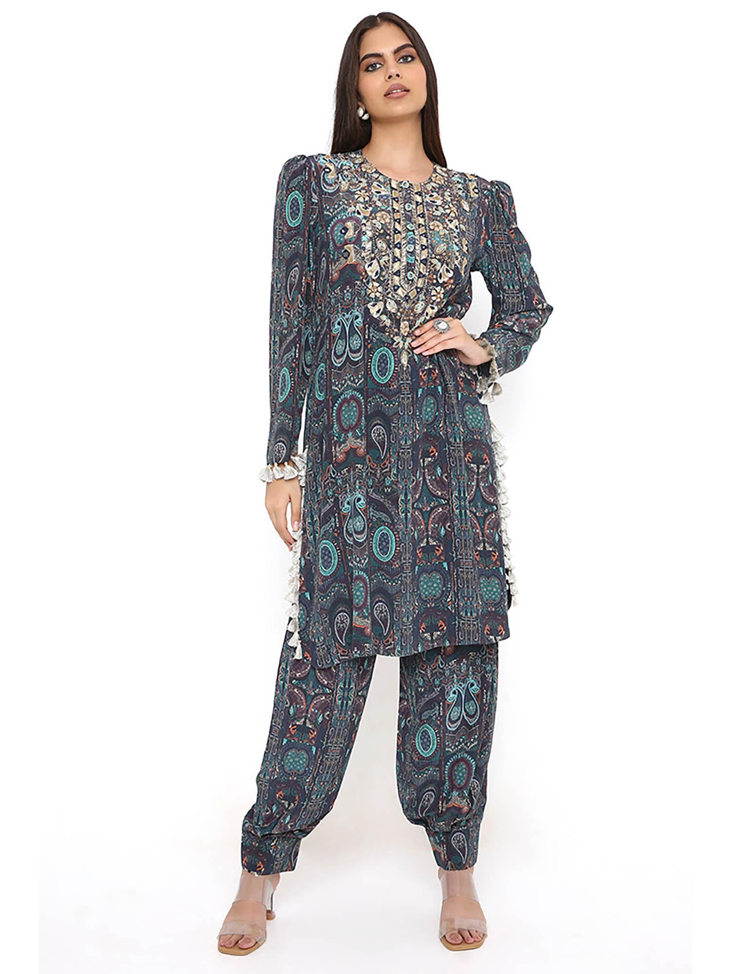 blue print kurta with salwar (set of 2)