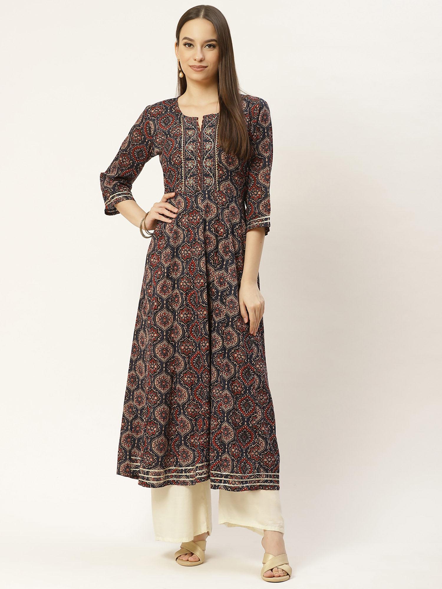 blue printed & embroided rayon anarkali