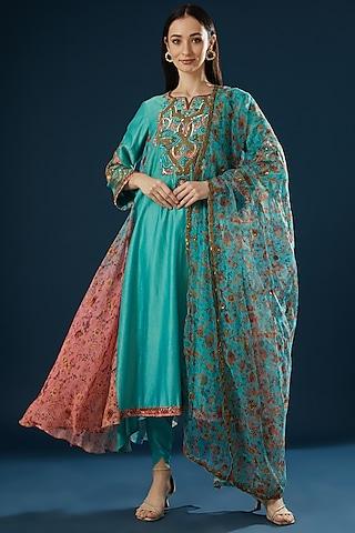 blue printed & embroidered kurta set