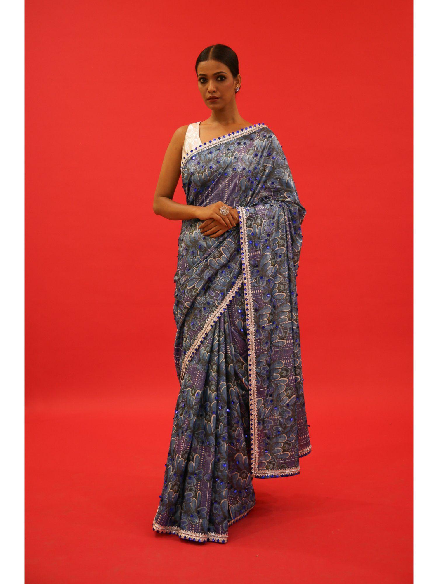 blue printed & embroidered saree with unstitched blouse