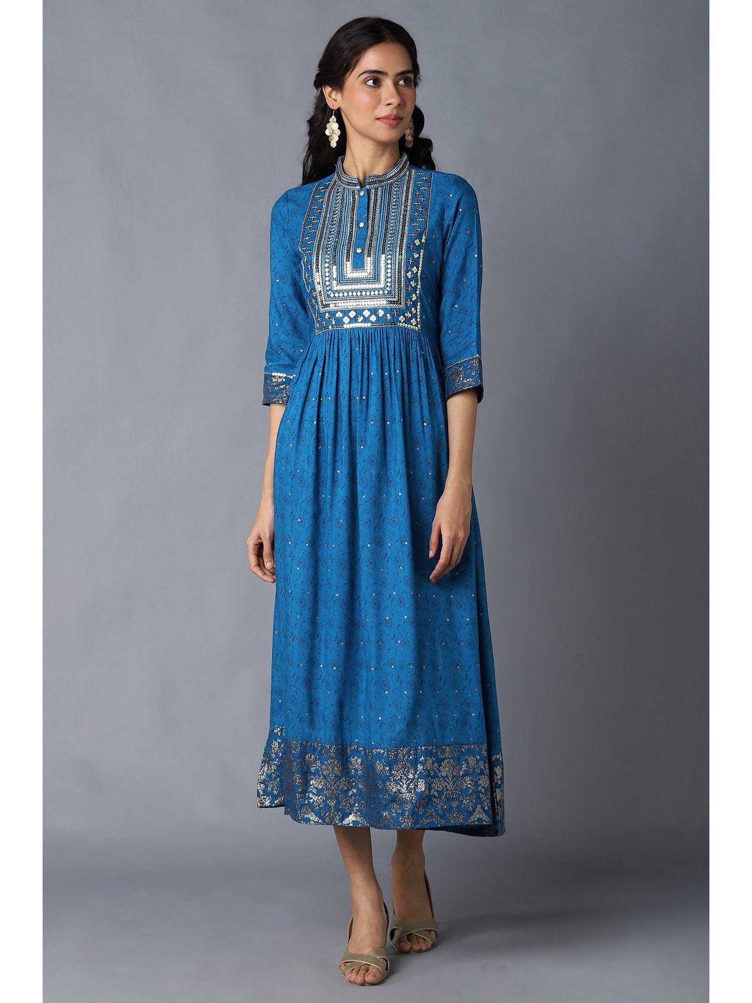 blue printed & zari embroidered festive dress