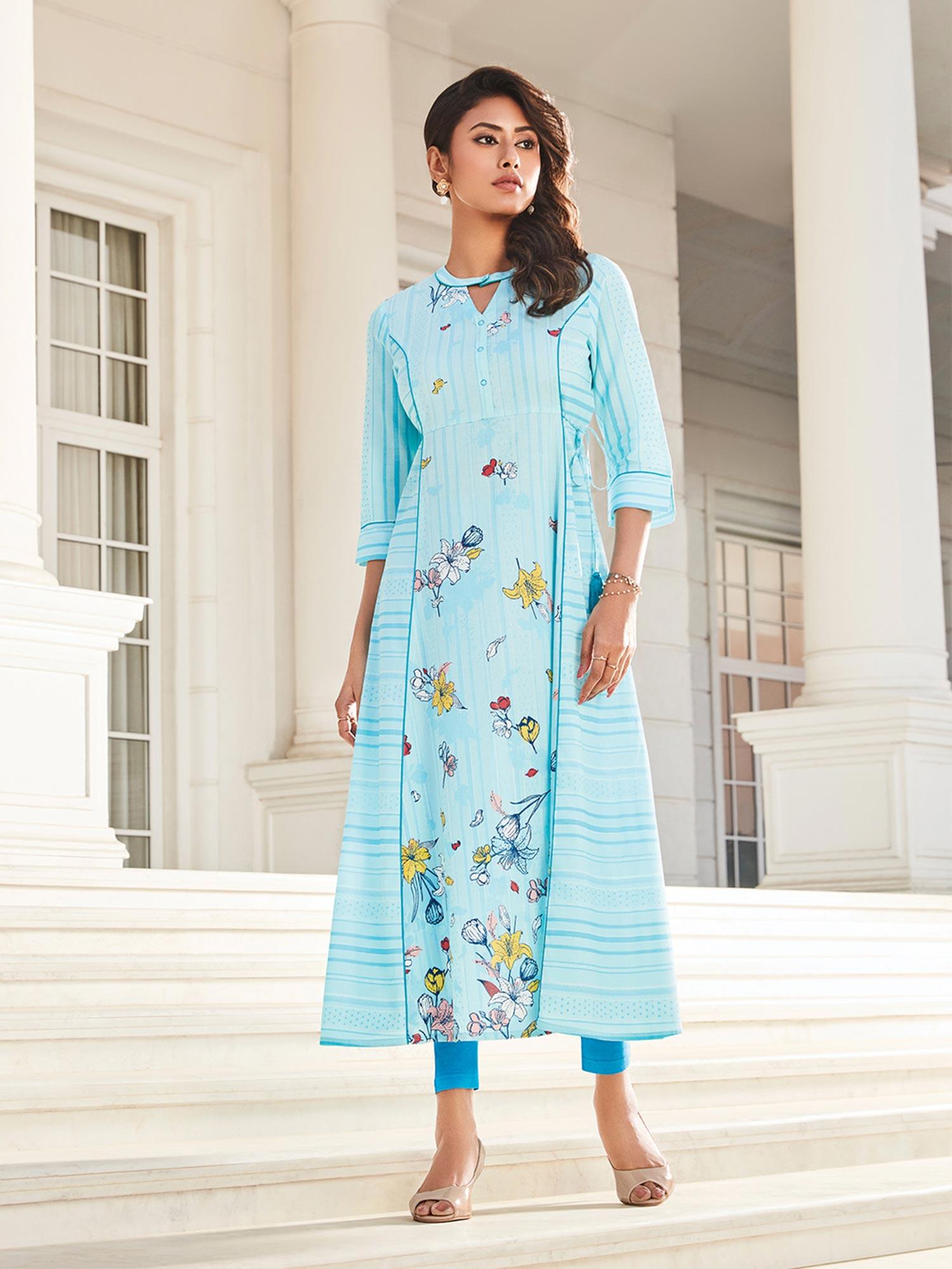 blue printed a-line kurta