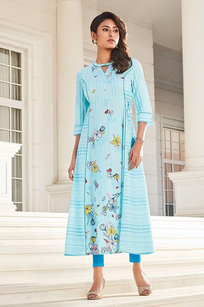 blue printed a-line kurta