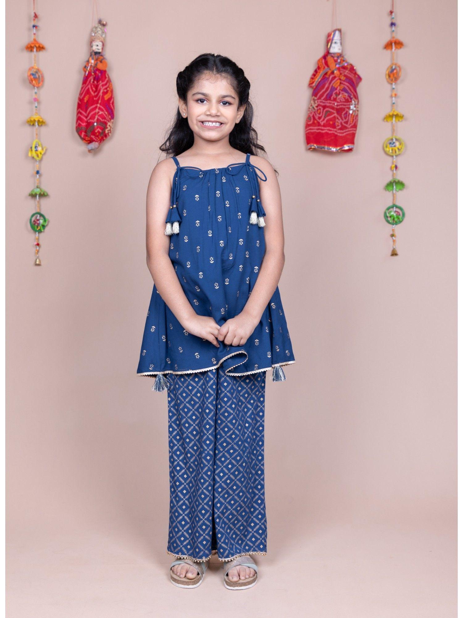 blue printed a-line kurti and pant (set of 2)