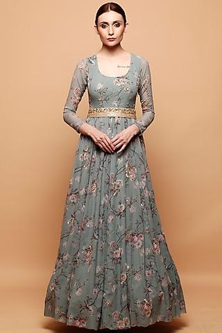 blue printed anarkali with belt