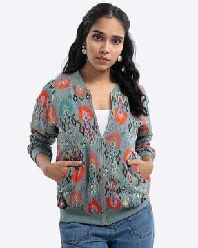 blue printed art georgette bomber jacket