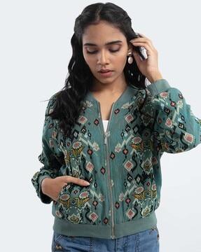 blue printed art georgette bomber jacket