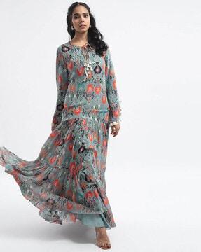 blue printed art georgette tiered dress