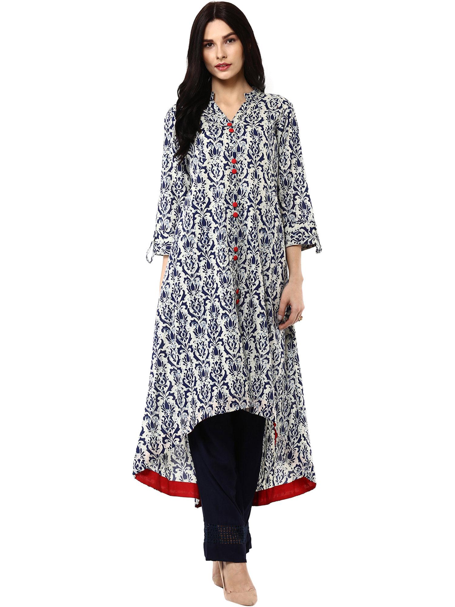 blue printed asymmetrical cotton kurta