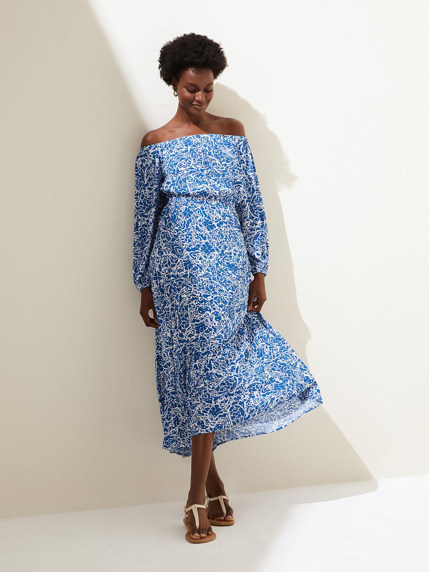 blue printed bardot midi dress