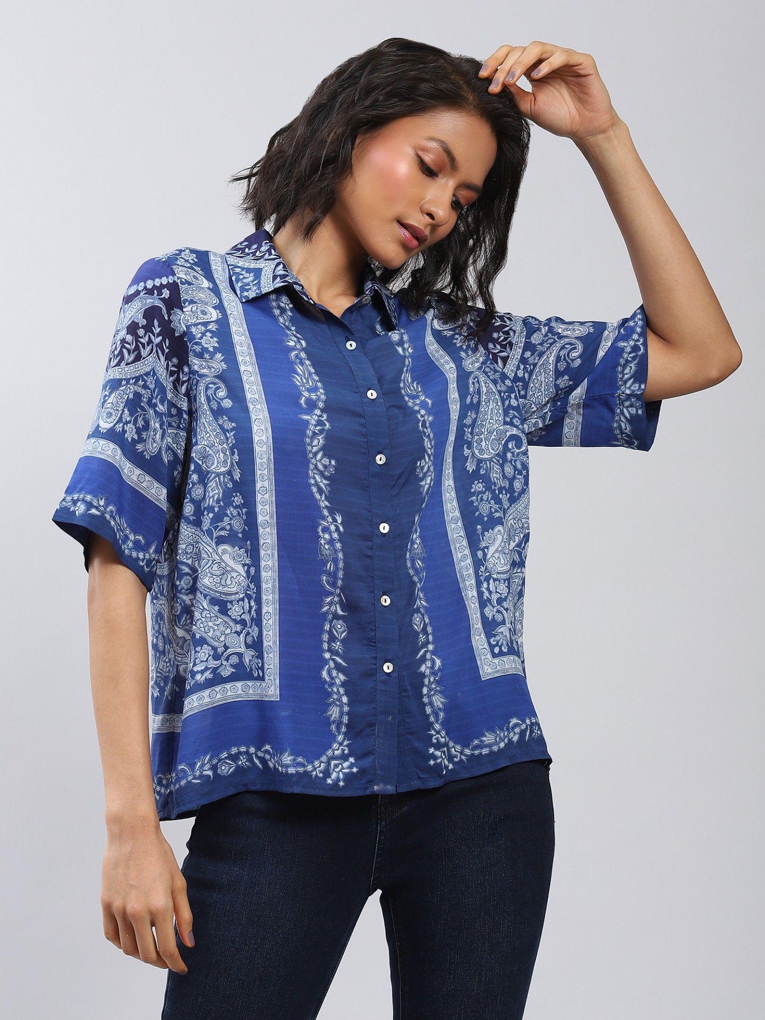 blue printed button down shirt