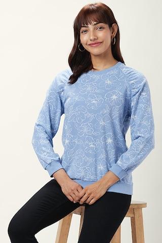 blue printed casual full sleeves round neck women regular fit sweatshirt
