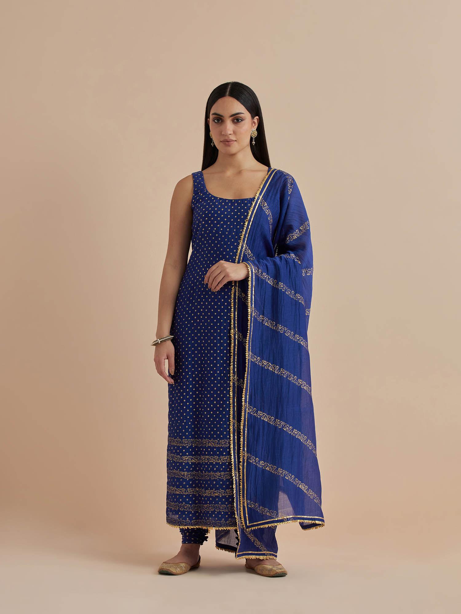 blue printed chanderi kurta with churidar and dupatta (set of 3)