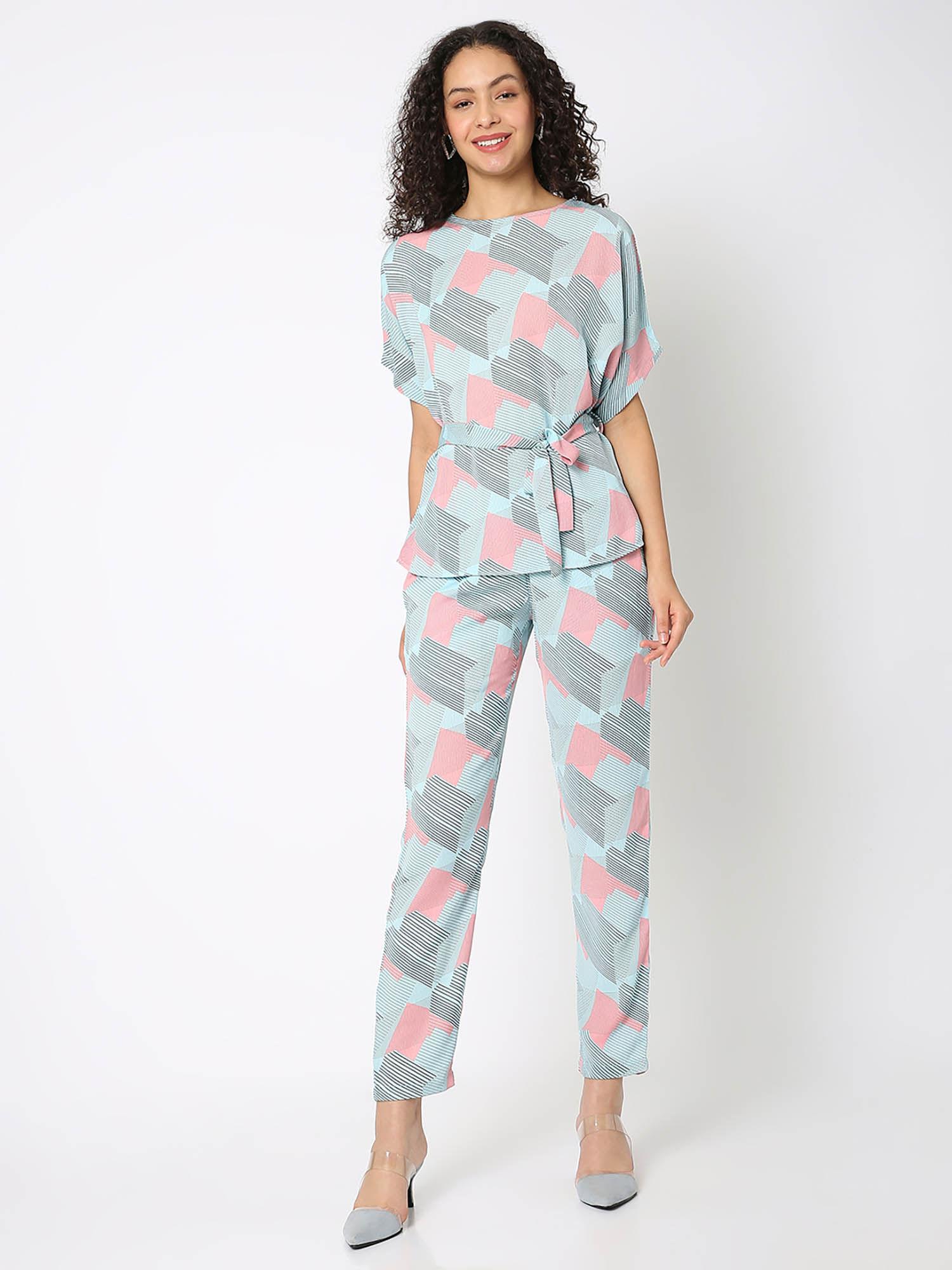 blue printed co-ord with tie up detailing (set of 3)