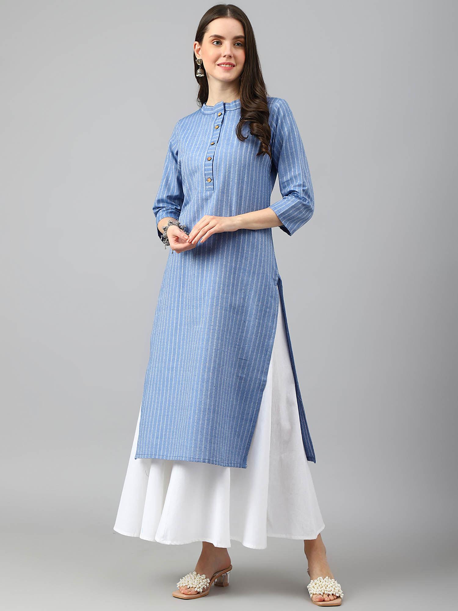 blue printed cotton blend kurta