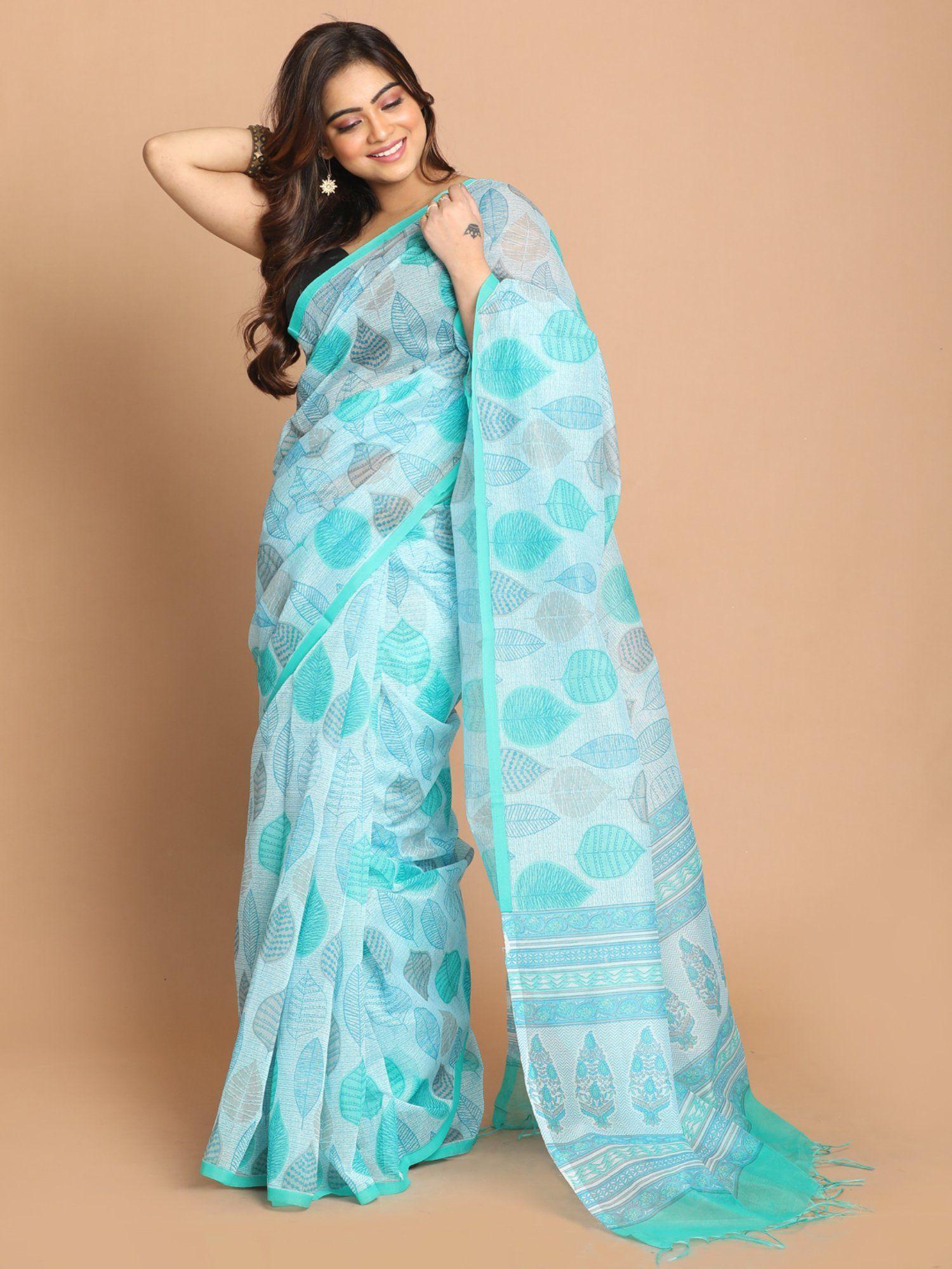 blue printed cotton blend saree with unstitched blouse