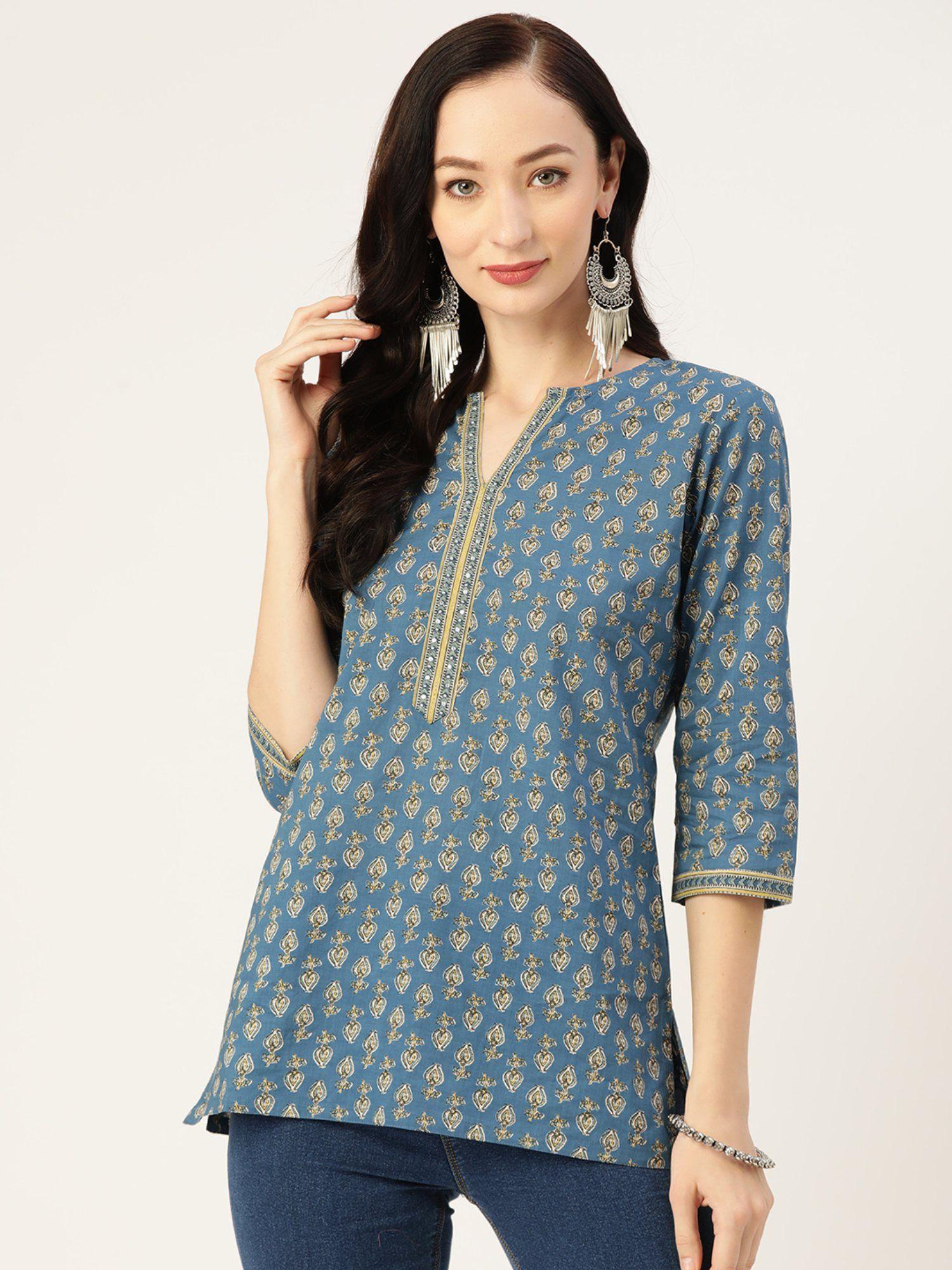 blue printed cotton kurti