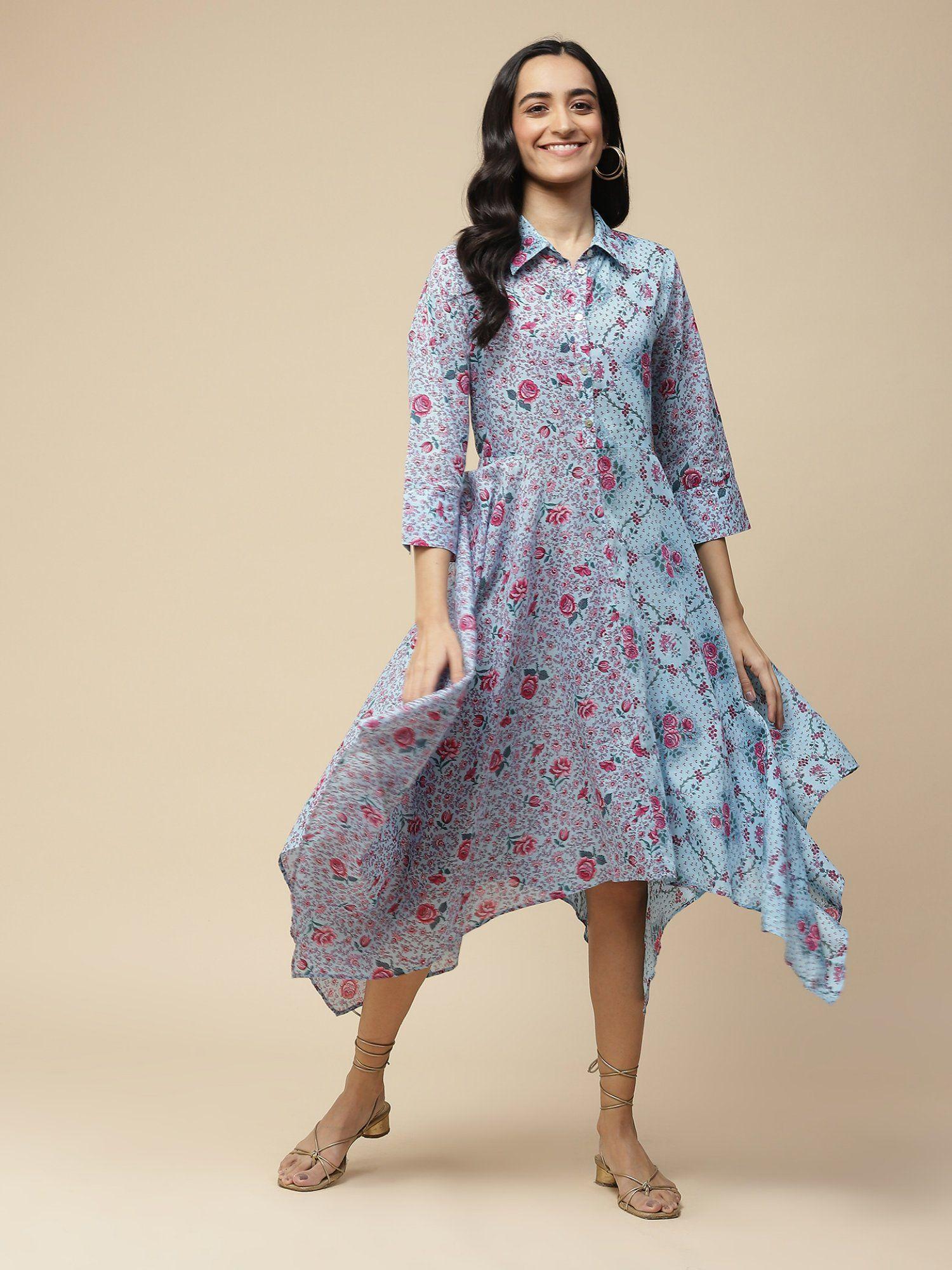 blue printed cotton shirt dress