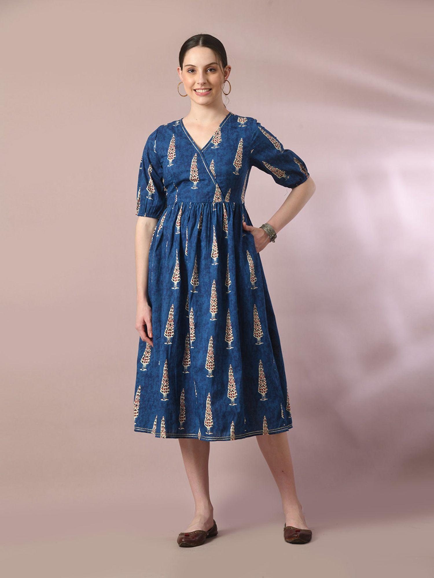 blue printed cotton v-neck empire party dress