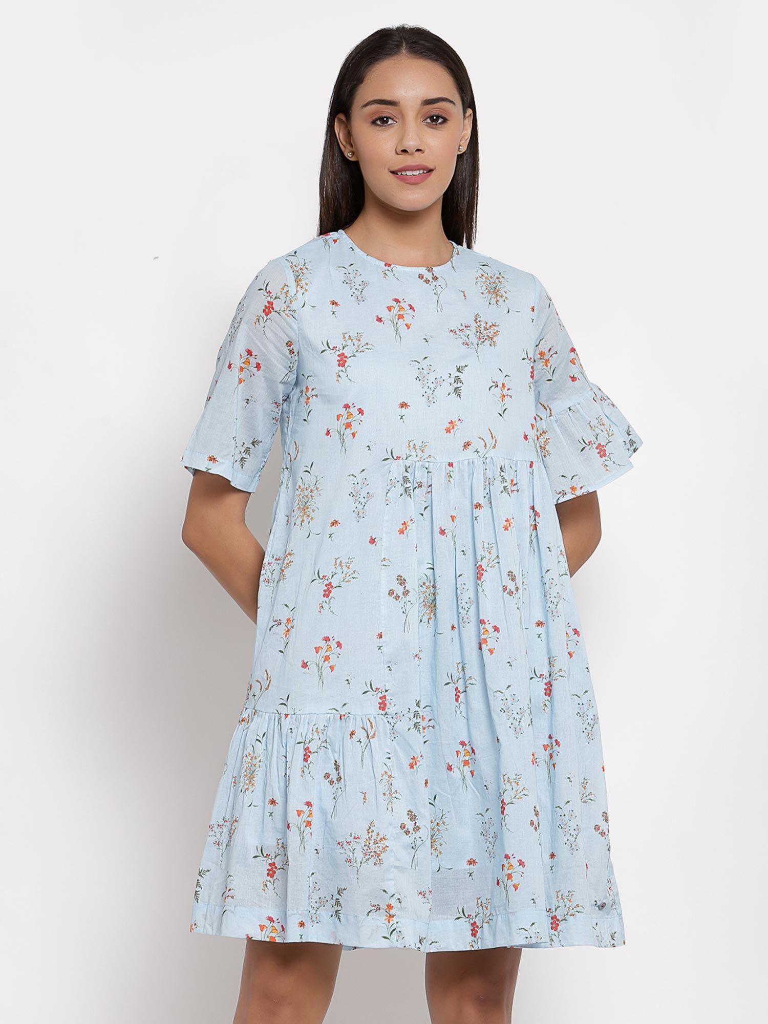 blue printed cut panel dress