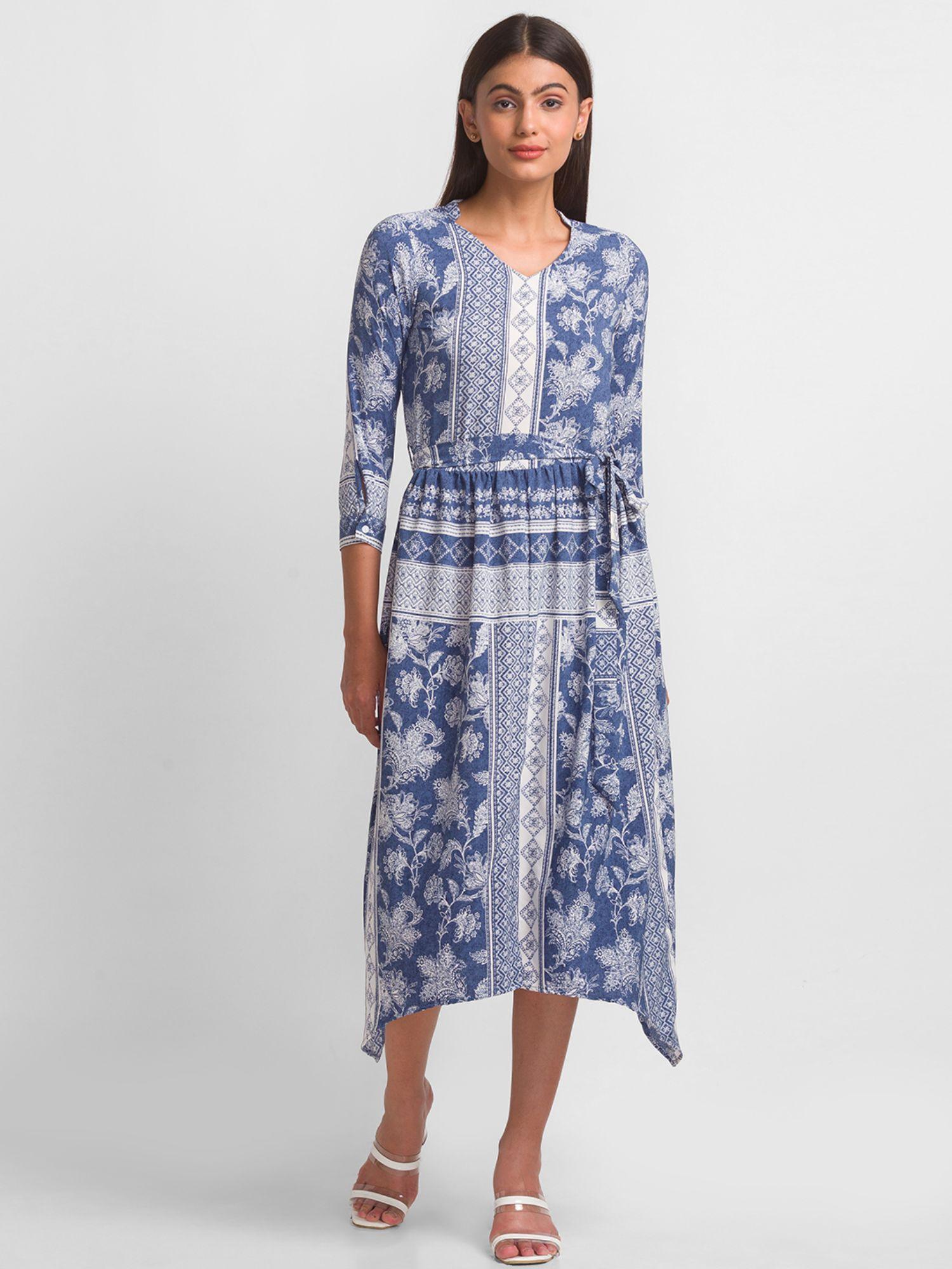 blue printed dress with belt (set of 2)