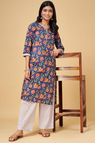 blue printed ethnic round neck 3/4th sleeves knee length women regular fit kurta pant set