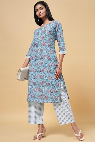 blue printed ethnic round neck 3/4th sleeves knee length women regular fit kurta pant set