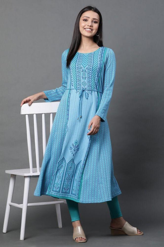 blue printed flared kurta and tights winter set