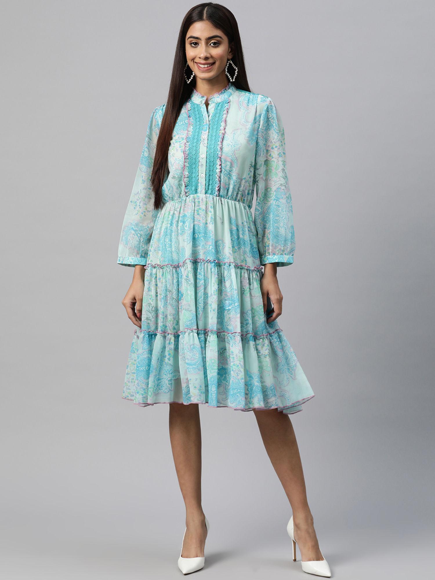 blue printed gathered dress