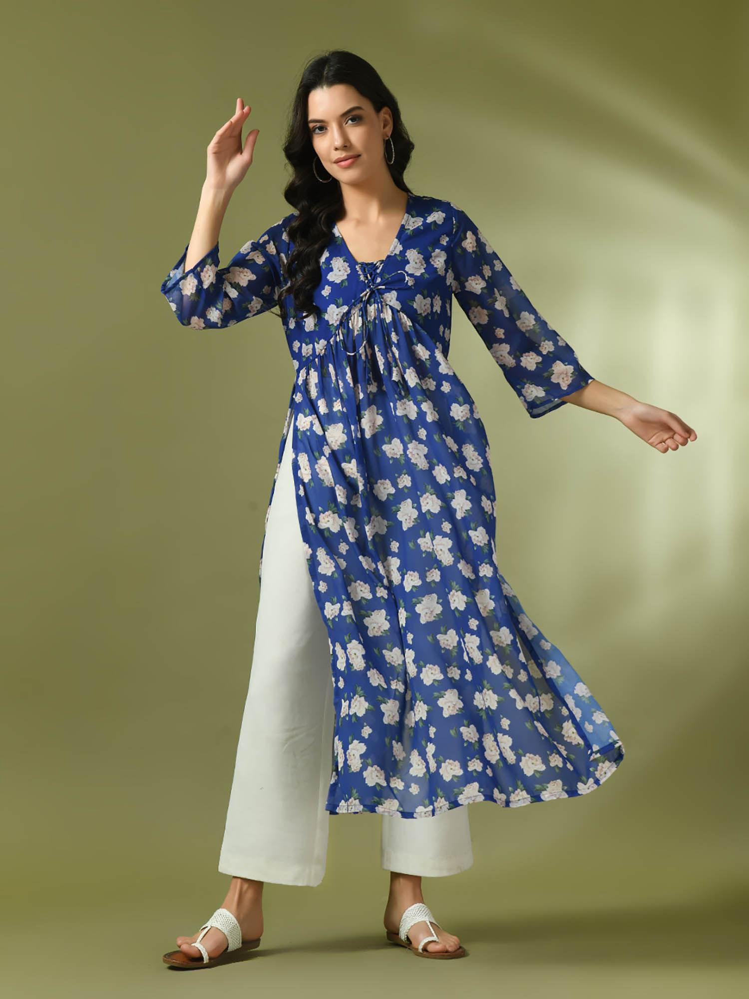 blue printed georgette a-line nyra-cut kurta