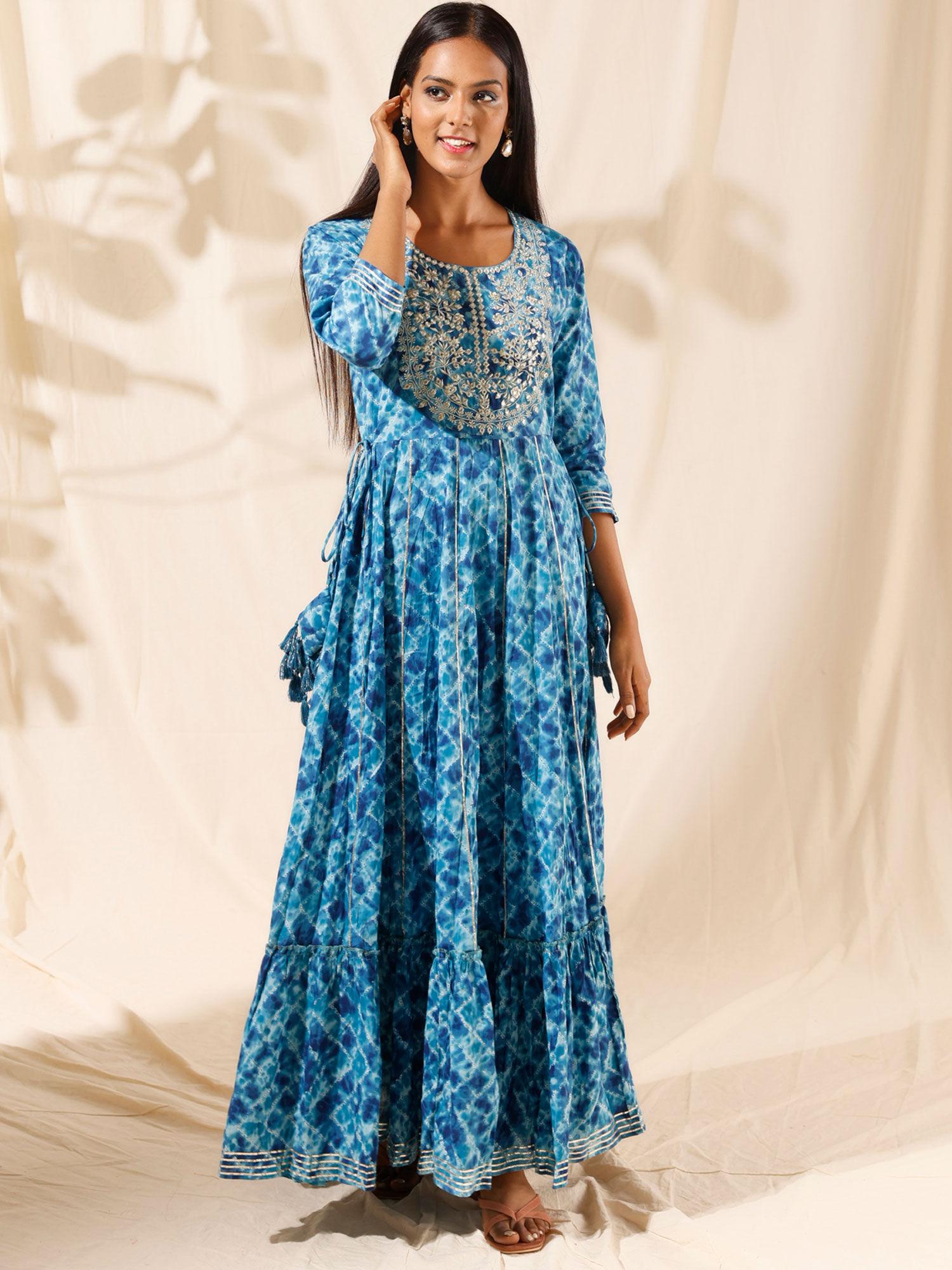 blue printed gota patee embroidered maxi dress likdrs04