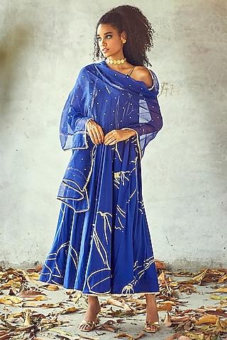 blue printed gown with dupatta