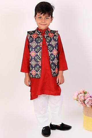 blue printed jacket with kurta set for boys