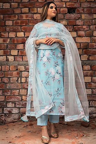 blue printed kurta set