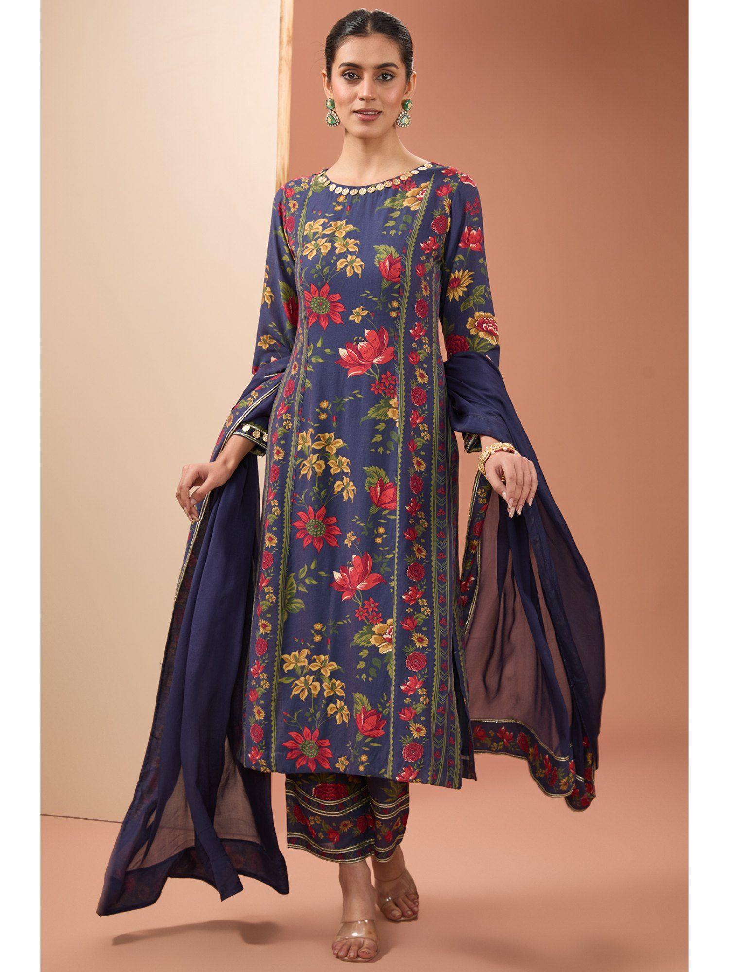 blue printed kurta with pant and dupatta (set of 3)